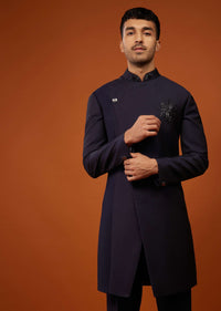 Navy Blue Indo-Western Embroidered Sherwani Set In Imported Suiting Fabric