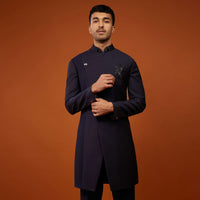 Navy Blue Indo-Western Embroidered Sherwani Set In Imported Suiting Fabric