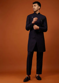 Navy Blue Indo-Western Embroidered Sherwani Set In Imported Suiting Fabric