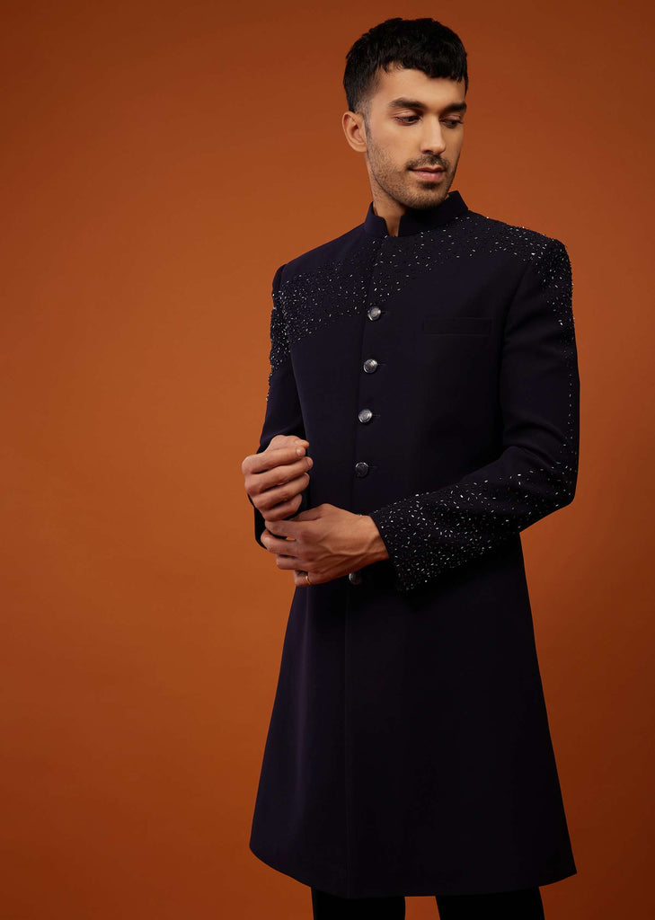 Navy Blue Indo-Western Sherwani Set Embroidered In Japanese Suiting Fabric