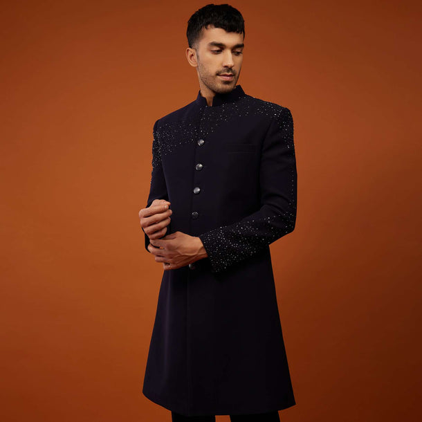Navy Blue Indo-Western Sherwani Set Embroidered In Japanese Suiting Fabric