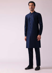 Navy Blue Indowestern Set In Dupion