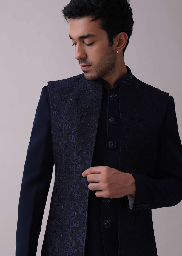 Navy Blue Indowestern Achkan Set In Suiting Fabric With Moti Embroidery