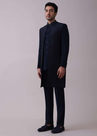 Navy Blue Indowestern Achkan Set In Suiting Fabric With Moti Embroidery