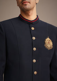 Navy Blue Indowestern Set With Animal Motif Brooch