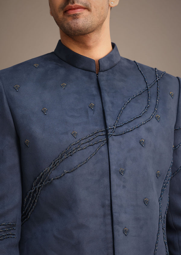 Navy Blue Indowestern Set With Dori Hand Work