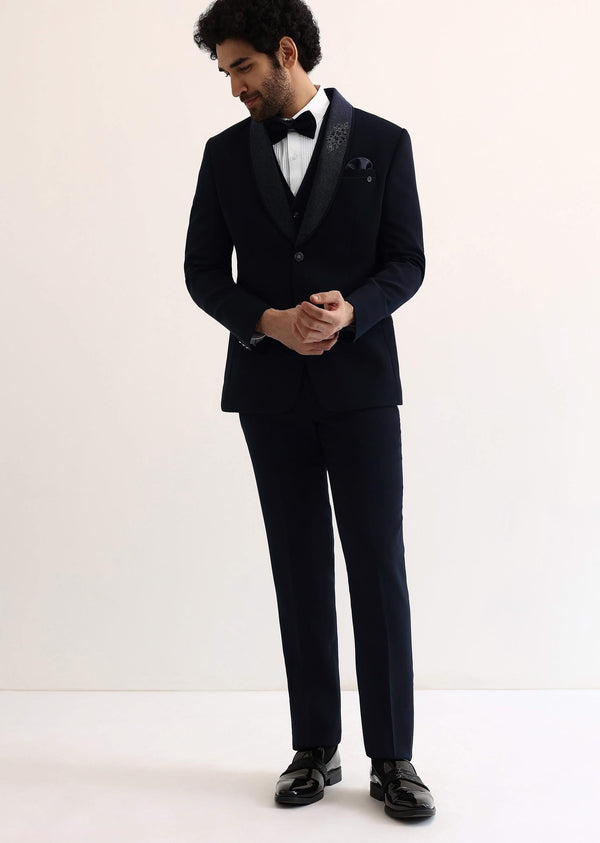 Navy Blue Tuxedo Set With Textured Shawl Lapel