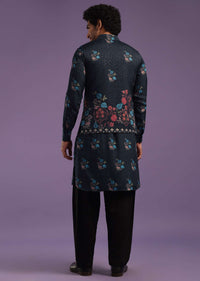 Navy Blue Jacket Kurta Set In Silk With Sequins Embroidery