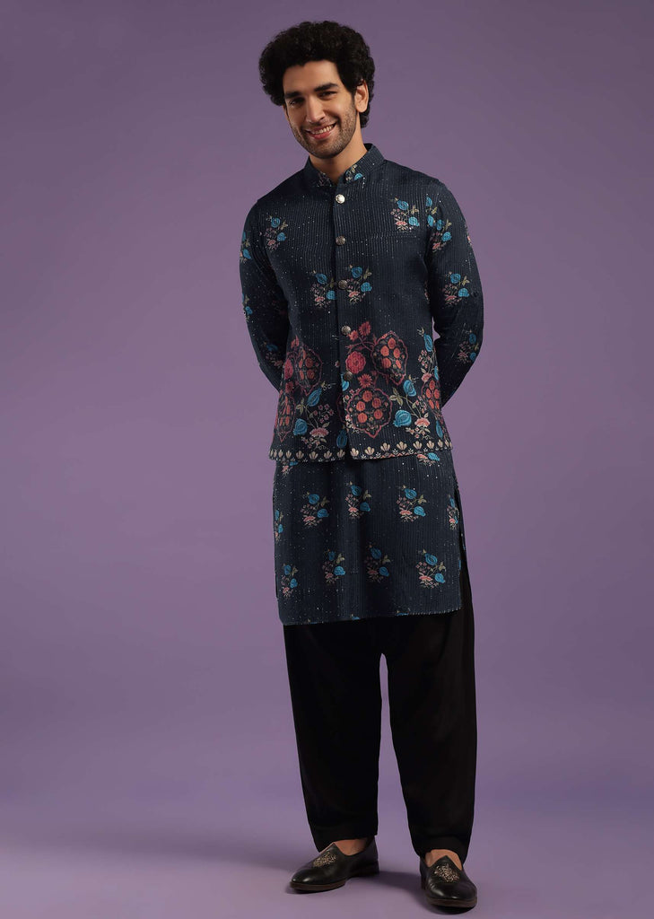 Navy Blue Jacket Kurta Set In Silk With Sequins Embroidery