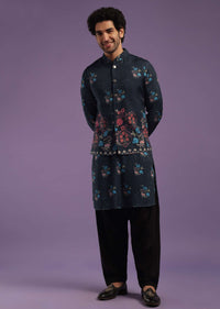 Navy Blue Jacket Kurta Set In Silk With Sequins Embroidery