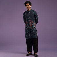 Navy Blue Jacket Kurta Set In Silk With Sequins Embroidery