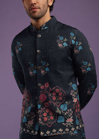 Navy Blue Jacket Kurta Set In Silk With Sequins Embroidery