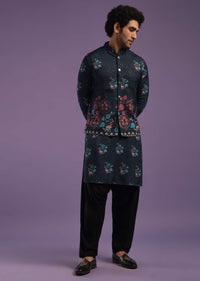 Navy Blue Jacket Kurta Set In Silk With Sequins Embroidery