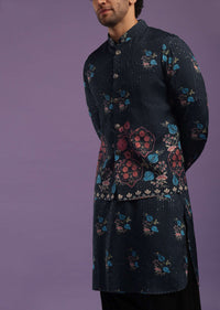 Navy Blue Jacket Kurta Set In Silk With Sequins Embroidery