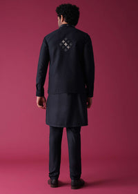 Navy Blue Jacket Kurta Set In Terry Rayon With Detailed Threadwork