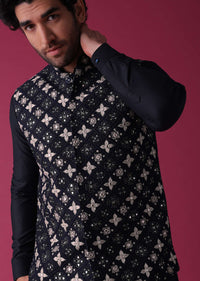 Navy Blue Jacket Kurta Set In Terry Rayon With Detailed Threadwork