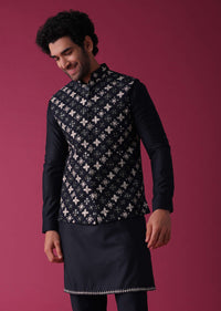 Navy Blue Jacket Kurta Set In Terry Rayon With Detailed Threadwork