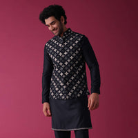 Navy Blue Jacket Kurta Set In Terry Rayon With Detailed Threadwork