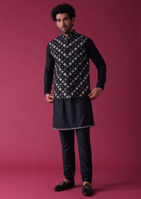 Navy Blue Jacket Kurta Set In Terry Rayon With Detailed Threadwork