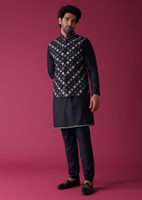 Navy Blue Jacket Kurta Set In Terry Rayon With Detailed Threadwork