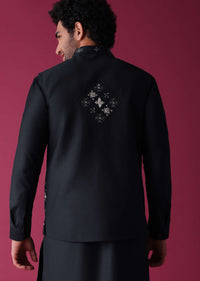 Navy Blue Jacket Kurta Set In Terry Rayon With Detailed Threadwork