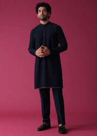 Navy Blue Jacket Kurta Set In Silk With Detailed Threadwork Patterns