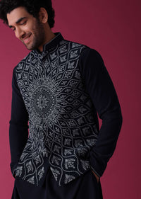 Navy Blue Jacket Kurta Set In Silk With Detailed Threadwork Patterns