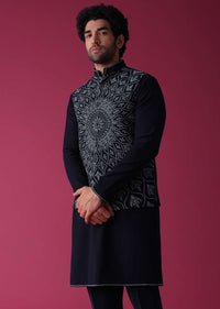 Navy Blue Jacket Kurta Set In Silk With Detailed Threadwork Patterns