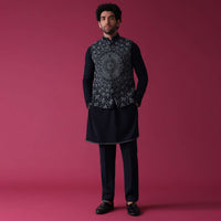 Navy Blue Jacket Kurta Set In Silk With Detailed Threadwork Patterns