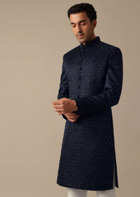 Navy Blue Jacquard Sherwani Set With Cutdana Embroidery