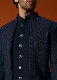 Navy Blue Jodhpuri Set In Resham Work For Men