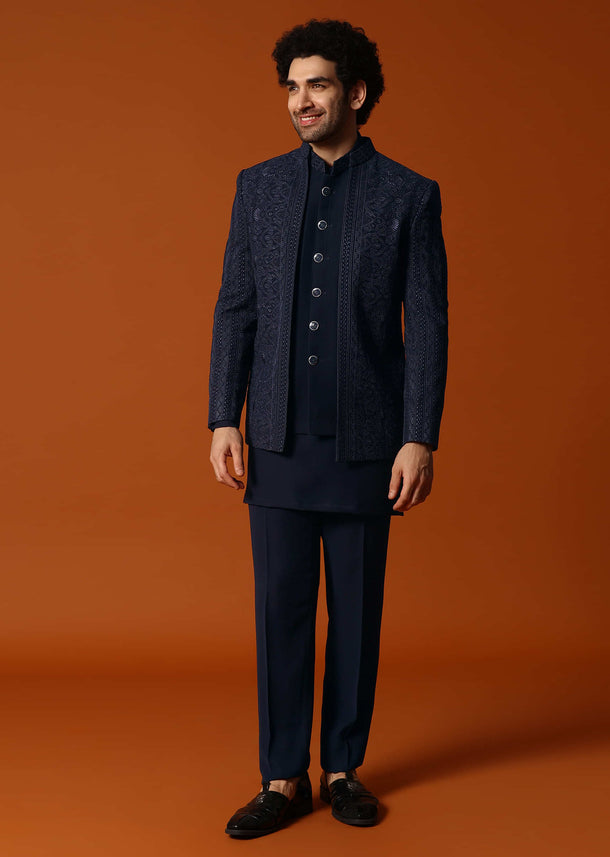 Navy Blue Jodhpuri Set In Resham Work For Men