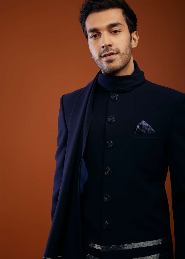 Navy Blue Jodhpuri Sherwani Set In Imported Suiting Fabric