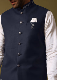 Navy Blue Kurta Jacket Set With Resham Work For Men