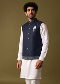 Navy Blue Kurta Jacket Set With Resham Work For Men