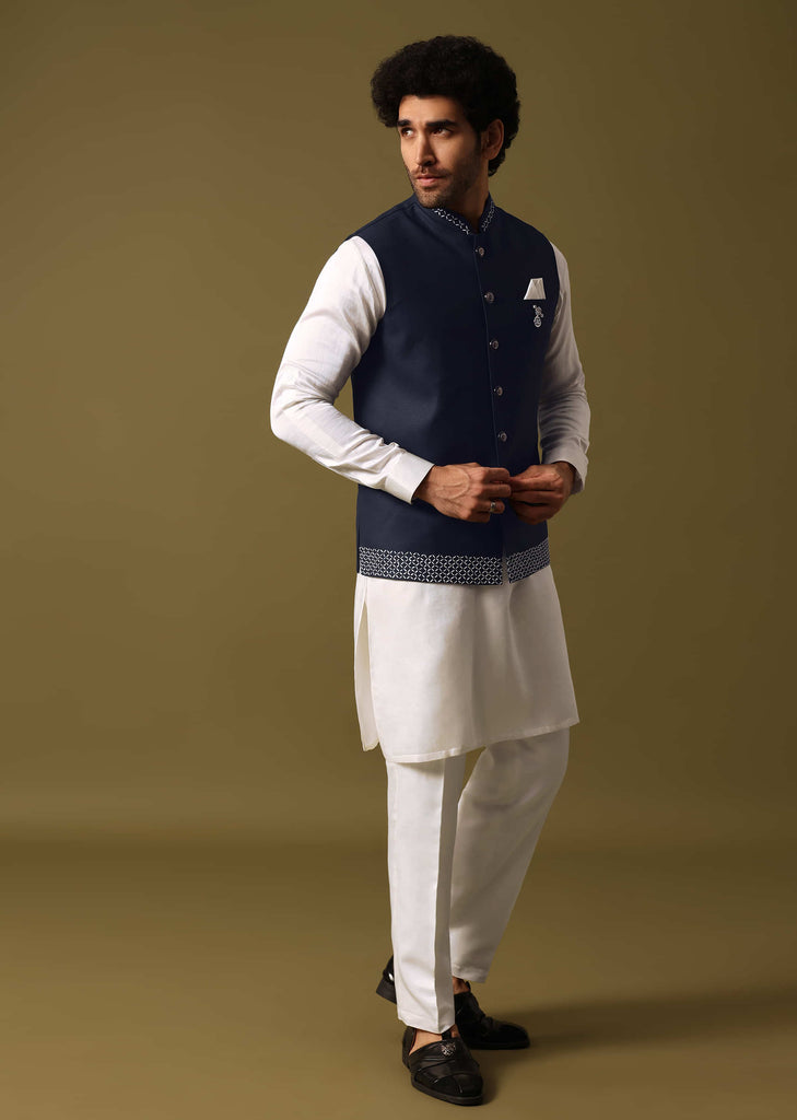 Navy Blue Kurta Jacket Set With Resham Work For Men