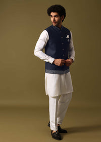 Navy Blue Kurta Jacket Set With Resham Work For Men