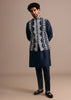 Navy Blue Kurta Jacket Set With Thread And Mirror Work