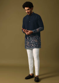 Navy Blue Kurta Set In Resham Work For Men