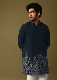 Navy Blue Kurta Set In Resham Work For Men