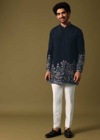 Navy Blue Kurta Set In Resham Work For Men