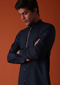 Navy Blue Pathani Kurta Set In Terry Rayon With Red Strip On The York