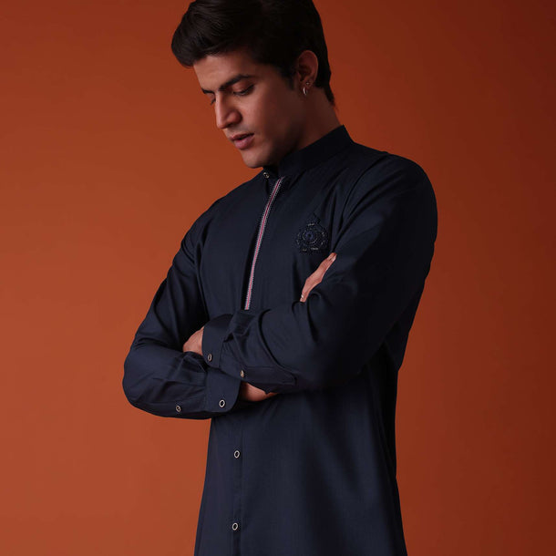 Navy Blue Pathani Kurta Set In Terry Rayon With Red Strip On The York