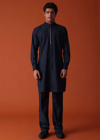 Navy Blue Pathani Kurta Set In Terry Rayon With Red Strip On The York