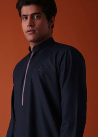 Navy Blue Pathani Kurta Set In Terry Rayon With Red Strip On The York