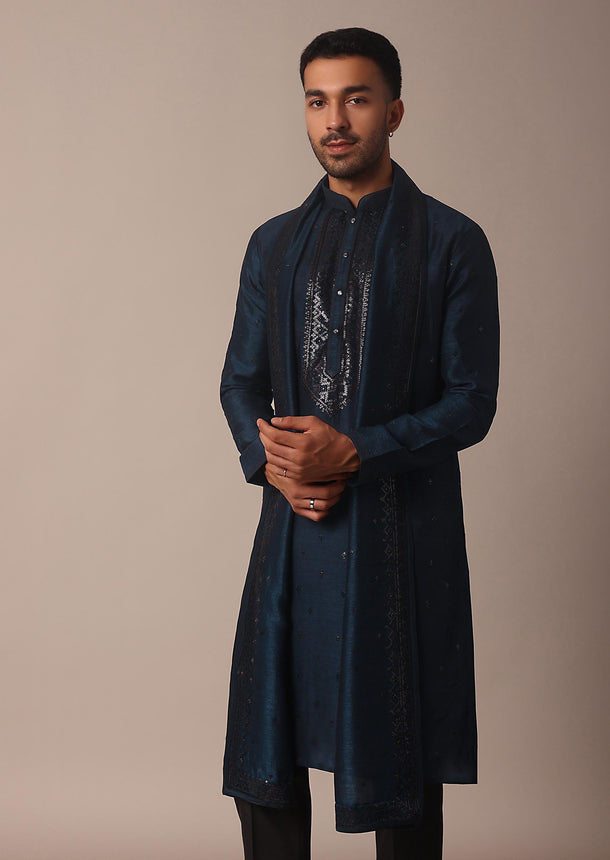 Navy Blue Kurta Set With Sequin Embroidered Yoke And Dupatta