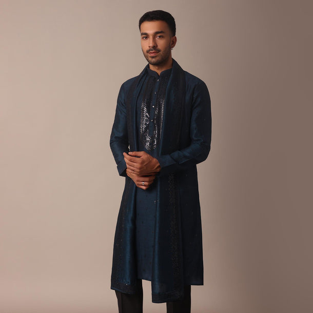 Navy Blue Kurta Set With Sequin Embroidered Yoke And Dupatta