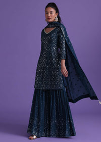Navy Blue Kurta Sharara Set In Chinon With Sequins Embelllishment