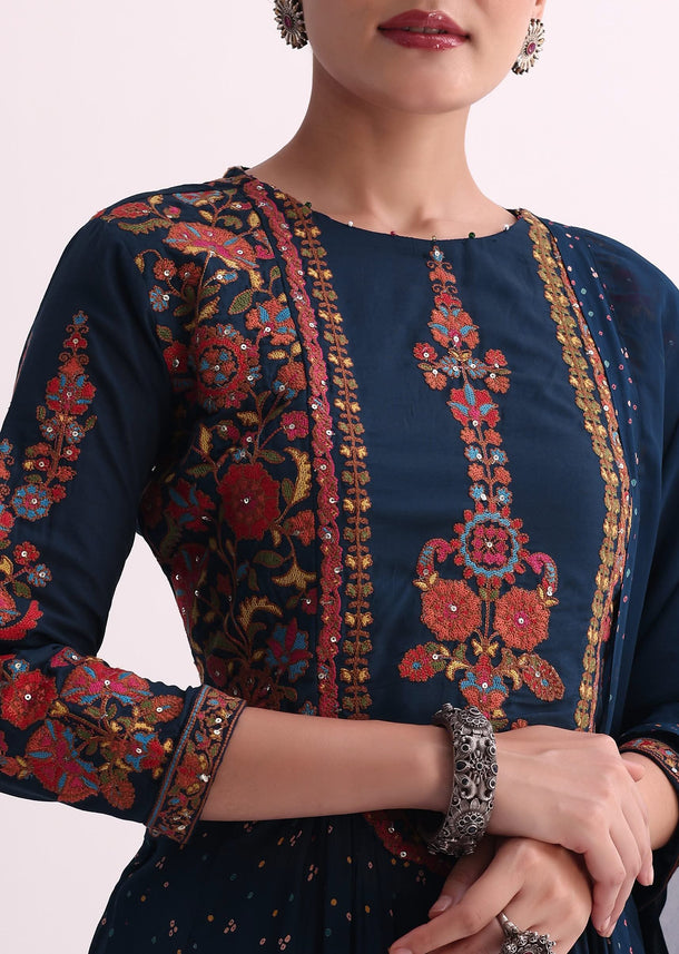 Navy Blue Kurti Pant Set With Dupatta And Resham Thread Work