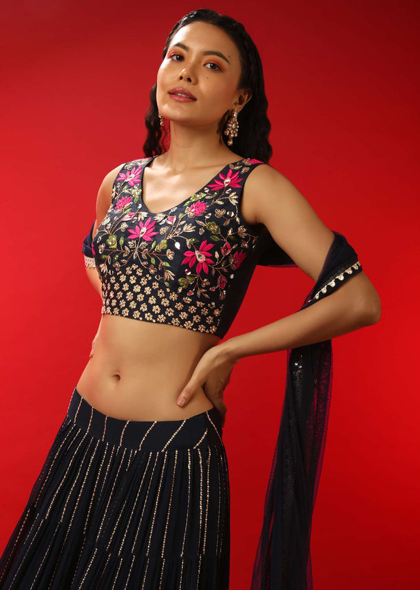Navy Blue Lehenga Choli With Sequins Stripes And Multi Colored Resham Work
